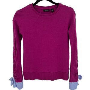 Halogen xsmall magenta fleece soft sweatshirt with blue stripe shirt cuff detail